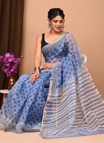 Cotton Sky Blue  Digital Printed Saree